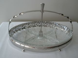 Vintage Silverplate Handled Caddy Pressed Glass Divided Dish Insert Oneida Fork