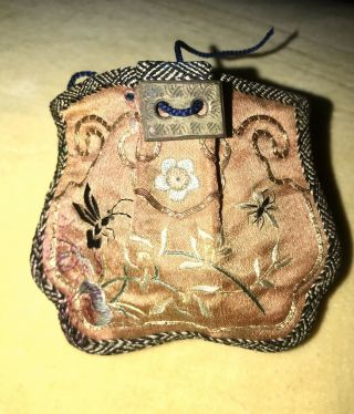 Antique Qing Chinese Silk Embroidered Perfume Pouch Gold Thread Forbidden Stitch