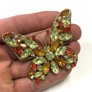 Big Vintage Multi Color Rhinestone Butterfly Figural Brooch Pin Gold Tone Cc166k