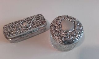 2 X Antique Sterling Silver Top Glass Dressing Table Pots / Jar - Chester 1901