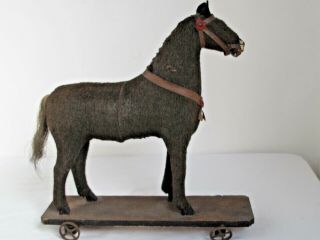 Antique Mohair Horse On Wood Platform Pull Toy