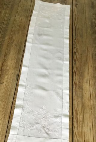 Lovely Vintage White Linen Embroidered Table Runner With Drawn Thread