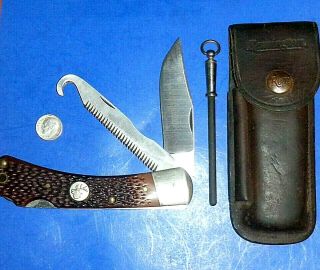 Vintage Remington Umc R - 3 Hunting Knife W/gut Hook,  Saw & Leather Sheath W/steel