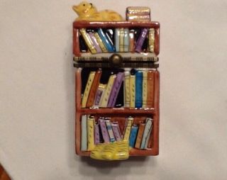 Vintage Porcelain Book Case Shelf Hinged Trinket Box Pill Box With Cat On Top