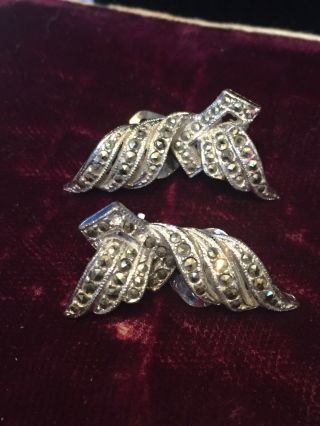 Vintage True Art Deco 1930s Geometric Silver Tone Marcasite Clip On Earrings