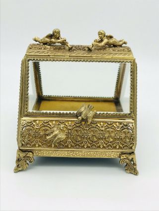 Vintage Brass & Glass Jewelry Casket Box With Cherubs & Birds Doves