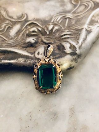 Vintage Czech Art Nouveau Emerald Green Rhinestone Filigree Necklace Pendant