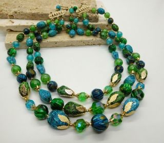 Vintage Hong Kong Turquoise Blue Green Gold Bead Multi - Strand Choker Necklace X7