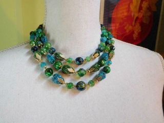 Vintage Hong Kong Turquoise Blue Green Gold Bead Multi - Strand Choker Necklace X7 3