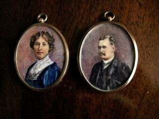 Antique Edwardian Portrait Miniatures Of A Couple " Parents Of The House " C1910
