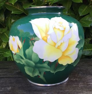 Large Japanese Ando Cloisonné Green Enamel Metal Vase Yellow Rose Floral Design