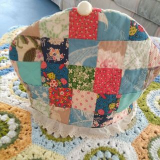 Vintage Handmade Patchwork Quilted Lace Trim Teapot Cozy Cover