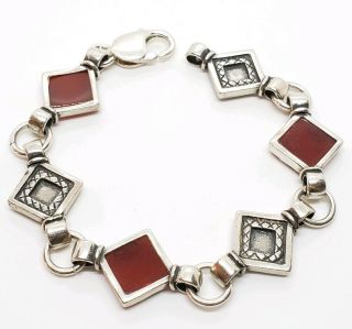 Vintage Signed Nb 925 Sterling Silver Garnet Glass Inlay Modernist Link Bracelet