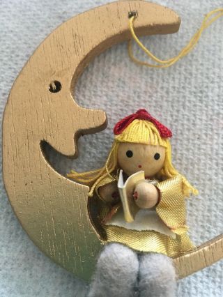 Vintage Wood bead FELT Christmas Ornament Girl Reading Man In The Moon 2