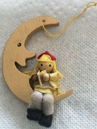 Vintage Wood bead FELT Christmas Ornament Girl Reading Man In The Moon 3