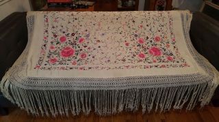 Antique Chinese Silk Embroidered Floral Canton Piano Or Spanish Shawl Large