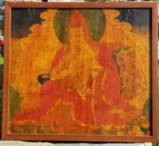 Antique 18/19th C.  Tibetan Wood Lacquer Painting Thangka Buddhism Buddha Figure
