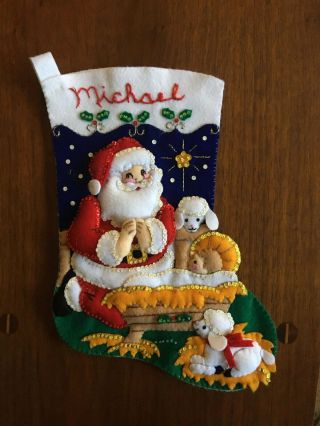 Vtg.  Christmas Stocking Felt Sequins Complete Santa W Manger - Name: Michael