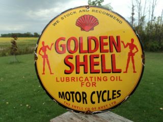 Vintage Golden Shell Oil For Motorcycles Porcelain Gas Station Dome Sign