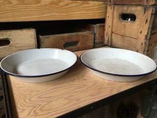 Vintage White & Blue Enamelware Pie Plate Pan 10 Inch Enamel Ware Pans Plates