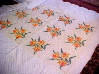 Vtg Large Size Hand Made Cross Stitched Quilt W/fall Color Flowers - Hand Quilted