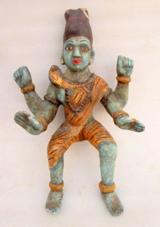 Antique Old Hand Crafted Painted Wood Hindu God Shiva Figure Statue