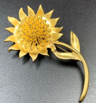 Vintage Brooch Pin Large 3” Gold Tone Brushed Sunflower