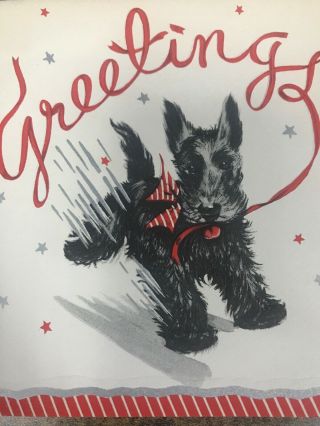 Vintage Christmas Card Art Deco Black Scottie Dog Scottish Terrier Red White