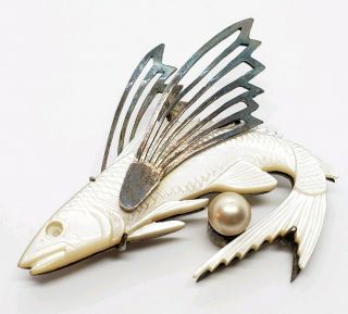 Vintage Sterling Silver Carved Mother Of Pearl Flying Fish Art Deco Brooch Pin