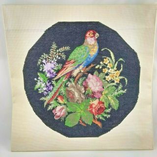 Vintage Completed Finished Petite Point Embroidery Parrot Flowers Roses Floral