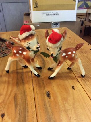 2 Vintage Made In Japan Porcelain Santa’s Hat Reindeer Christmas Figurines