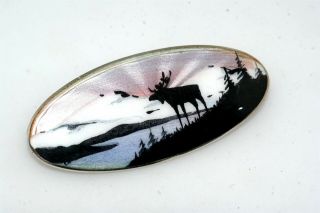 Vintage Ca 925s Enamel Moose Mountains Sterling Silver Pin Brooch