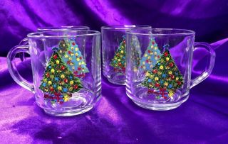 Luminarc Christmas Tree Clear Glass Mugs 10 Oz Set Of 4 Vintage