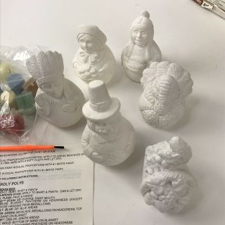 Vtg Wee Crafts Roly Poly Thanksgiving Ready to Paint 6 pc Pilgrim Natives Turkey 2