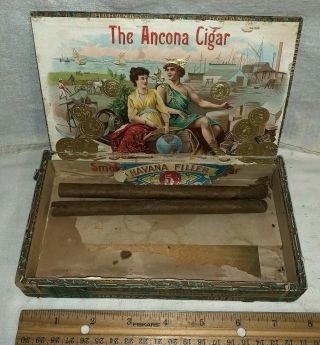 Antique The Ancona Wood Cigar Box Vintage Tobacco Roman God Mercury Ship Ocean