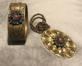Antique Early 1900’s Gold Tone Hinged Bracelet & Pendant Necklace Set Pink Aqua