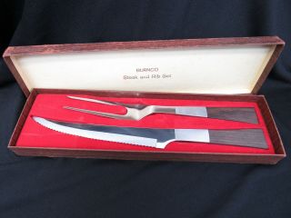 Vintage Burnco Teak Set Stainless Steel Wood Handle Carving Knife Fork