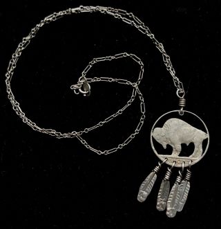 Vtg Sterling Silver Chain Buffalo Coin Pendant Necklace Marked 18 " A006