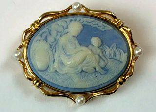 Vintage Monet Blue & White Mother And Child Cameo Faux Pearl Brooch Gold Tone
