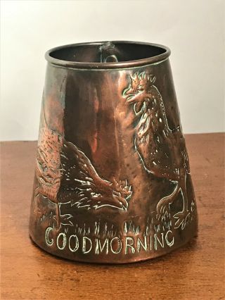 Antique Arts & Crafts Handmade Copper Tankard - Good Morning Rooster - C.  1900