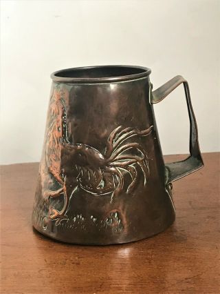 Antique Arts & Crafts Handmade Copper Tankard - Good Morning Rooster - c.  1900 2