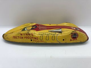 Vintage 50’s Tin Litho Wynn’s Advertising Streamliner Race Car Friction Toy Car