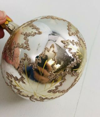 Vtg Christopher Radko Christmas Ornament Silver Ball Glitter Maple Leaves