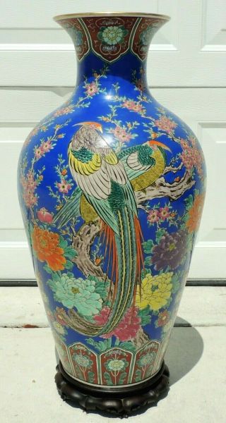 Large Antique/vtg 27 " Chinese Hand Painted Birds Flowers Vase Carved Wood Stand