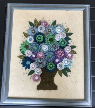 Vintage Crewel Embroidery Yarn Bouquet Flower Basket Framed Artwork