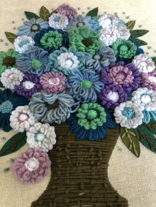 Vintage Crewel Embroidery Yarn Bouquet Flower Basket Framed Artwork 2