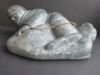Vintage Unuit Eskimo Seal Hunter Stone Carved Art Sculpture