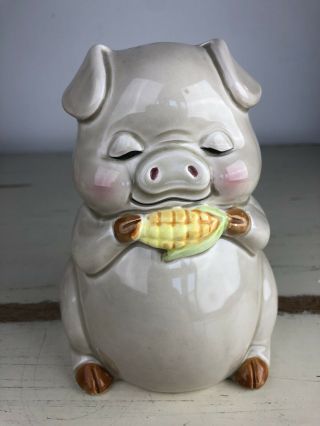 Vintage Lefton Upright Ceramic Pig Piggy Bank Eating Corn On Cob Cute Figurine