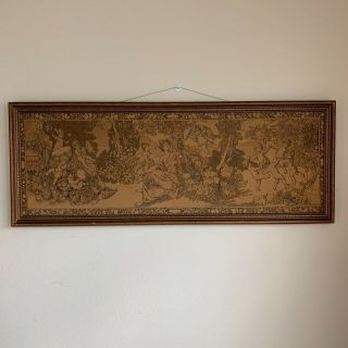 Antique Framed Tapestry Cherub Angels Musical Textile Art Large 59” X 22 1/2”