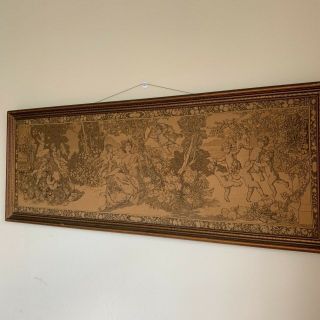 Antique Framed Tapestry Cherub Angels Musical Textile Art Large 59” x 22 1/2” 2
